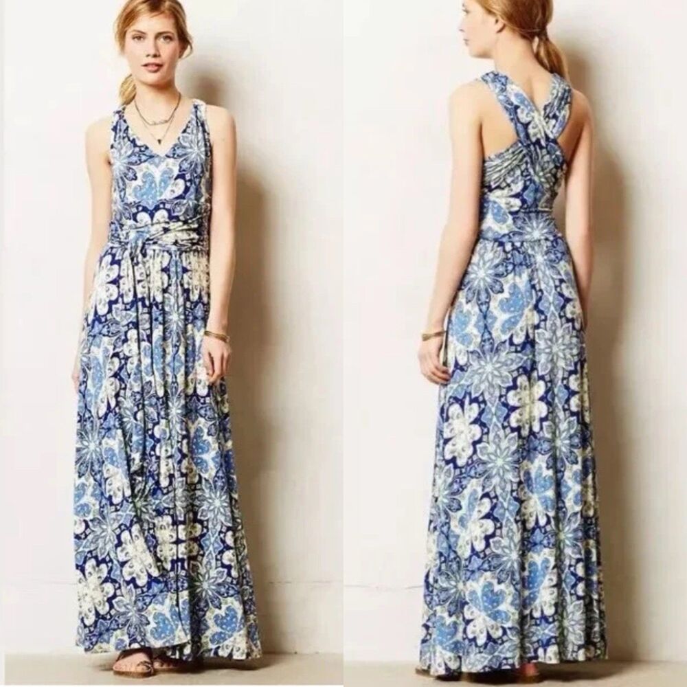 Anthropologie Vanessa Virginia Blue Paisley Jersey Maxi Dress Sz S Romantic Boho